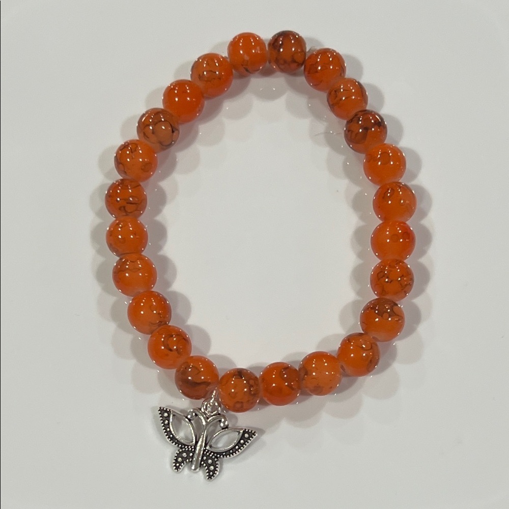Vibrant Orange Beaded Bracelet with Silver Butterfly Charm